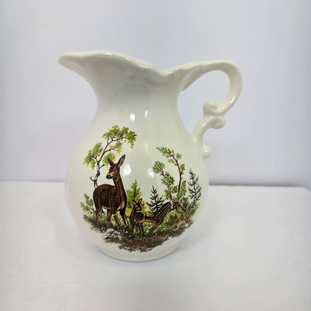 Ceramic pitcher Transferware dee among trees design